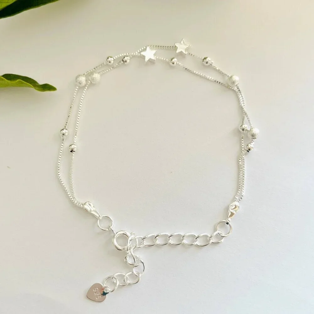 925 Sterling Silver  Double Star and Bead Charm Bracelet
